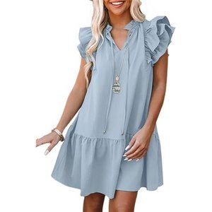 Sky Blue Mini Dress with V-Neck, Drawstring, Ruffle Cap Sleeves